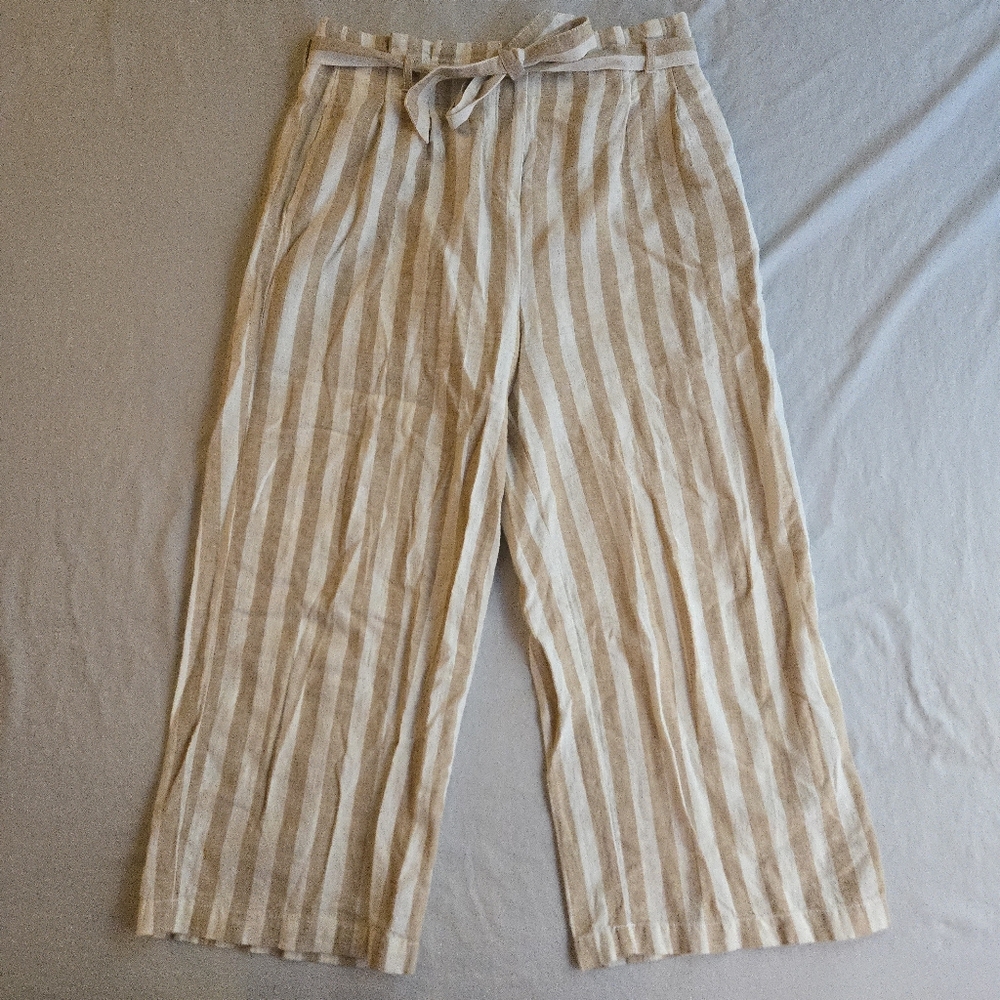 J. Crew High Waist Cotton Linen Cropped Pants Beige and Cream Striped